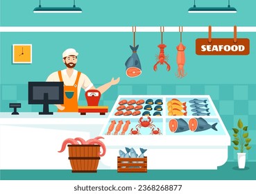 Seafood Market Stall Vector Illustration with Fresh Fish Products such as Octopus, Clams, Shrimp and Lobster in Flat Cartoon Background Design