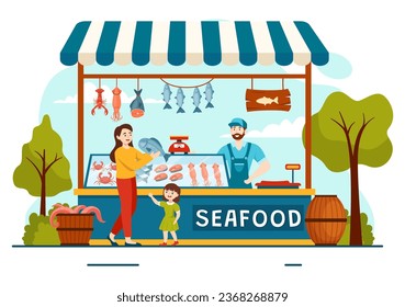 Seafood Market Stall Vector Illustration with Fresh Fish Products such as Octopus, Clams, Shrimp and Lobster in Flat Cartoon Background Design