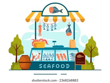 Seafood Market Stall Vector Illustration with Fresh Fish Products such as Octopus, Clams, Shrimp and Lobster in Flat Cartoon Background Design