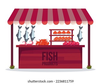 Seafood market traditional tent supermarket street market isolated on white background. Vector flat graphic design element concept illustration