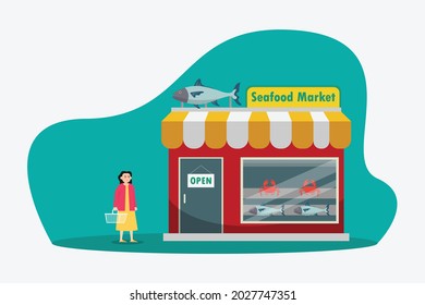 Seafood market vector concept: Young woman shopping seafood in seafood market while holding basket