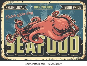 Seafood market vintage colorful flyer large octopus with long tentacles for advertising fisherman fair or fish restaurant vector illustration