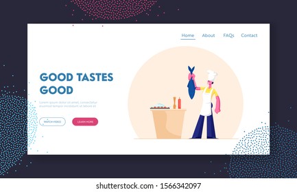 Seafood Meal Cooking Website Landing Page. Young Woman in White Toque and Apron Holding Big Fish for Tail on Restaurant Kitchen. Menu for Foodies Web Page Banner. Cartoon Flat Vector Illustration