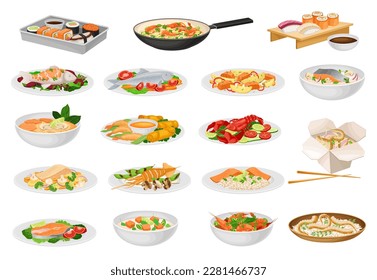 Seafood Meal and Dish Served on Plate with Garnish Big Vector Set