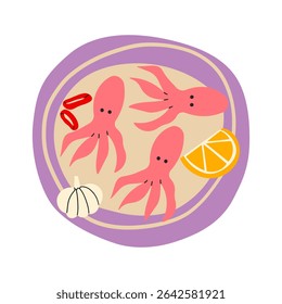 Seafood meals in cartoon style. on plate. Isolated vector illustration. Hand drawn Mediterranean sea food , summer vibe