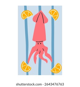 Seafood meals in cartoon style. on plate. Isolated vector illustration. Hand drawn Mediterranean sea food , summer vibe . Squid food on a blue plate .