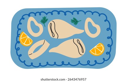 Seafood meals in cartoon style. on plate. Isolated vector illustration. Hand drawn Mediterranean sea food , summer vibe . Squid food on a blue plate .