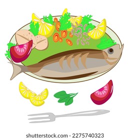 Seafood meals set . Calamari fish, mussels with lemon, green salad and tomatoes on plate. Isolated vector illustration.
