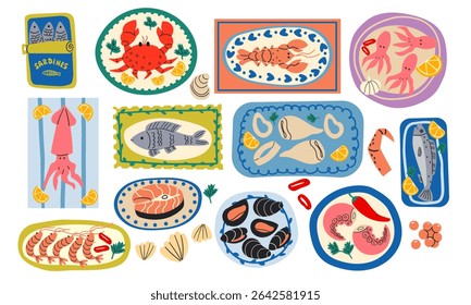 Refeições de frutos do mar em estilo cartoon. Lula, camarão, calamari, peixe, mexilhões com limão, no prato. Ilustração isolada de vetor. Comida marítima mediterrânica puxada à mão, vibração de verão
