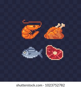 Seafood and meat food pixel art icon shrimp, fish, fried chicken and meat steak isolated vector flat illustration. Design stickers, logo, mobile app. Video game assets 8-bit sprite.