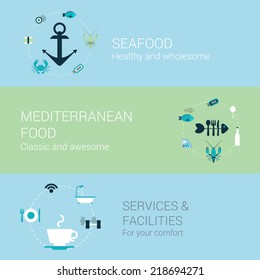 Seafood Mediterranean Food Restaurant Service Concept Flat Icons Set Of Anchor Sea Animals Fish Lobster Crab Sushi Roll Wine And Vector Web Illustration Website Click Infographics Elements Collection