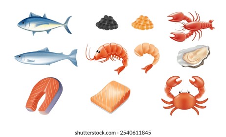 Menü Meeresfrüchte 3D-Vektorgrafik-Set. Cartoon rohes Meer oder Meer Nahrungssammlung mit Thunfisch Forelle Lachs Flunder Fische, Hummer Garnelen Kaviar Muschel Tintenfisch Tintenfisch Tentakel einzeln auf Weiß