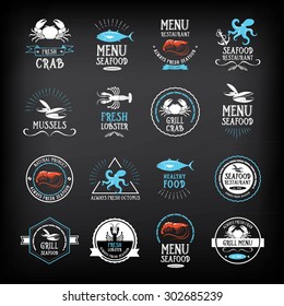 Seafood menu and badges design elements. 