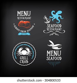 Seafood menu and badges design elements. 