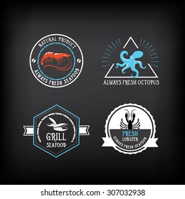 Seafood menu and badges design elements. 