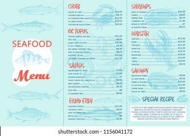 Seafood menu and a banner for the restaurant. Vintage flyer. Fish crab lobster seashells octopus shrimp. Engraved hand drawn in old sketch and monochrome vintage style.
