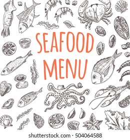 Seafood menu card. Hand drawn vector illustration. Octopus, lobster, salmon, crab, squid, oyster, scallops, dorado, mollusk, mullet, sea bass, tuna, shrimp. Can be used for menu, cafe, restaurant.