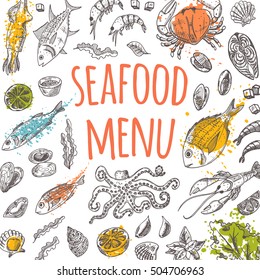 Seafood menu card on the watercolor splashes. Hand drawn vector illustration. 