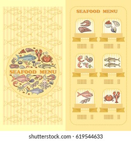 Seafood Menu card. Set of cute various seafood  icons on yellow background. 