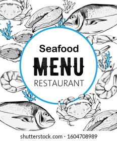 Seafood menu composition with red fish steak, oysters and crabs