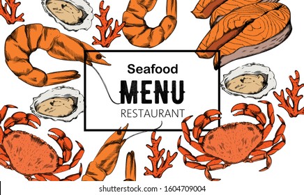 Seafood menu composition with red fish steak, oysters and crabs