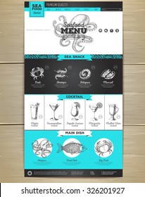 Seafood menu concept Web site design. Corporate identity.