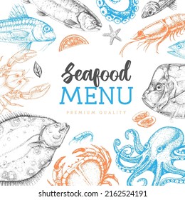 Seafood menu cover design with different kinds of fish. Vector illustration