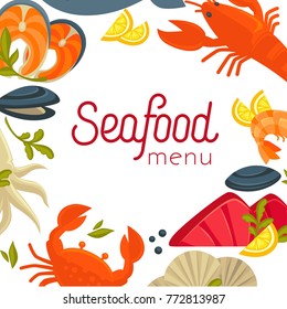 Seafood menu cover with exotic food as frame