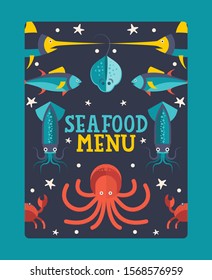 Seafood menu cover, vector illustration. Fish, squid, octopus and crab, underwater creatures in flat style. Seafood restaurant, sea fish dishes, food menu template with simple cartoon design