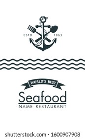 seafood menu design with anchor, spoon and fork on white background