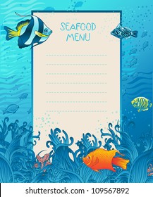 Seafood menu design background template, marine fauna elements