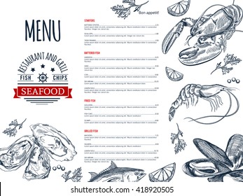 Seafood menu design. Corporate identity. Document template. Restaurant menu design. Restaurant cafe menu, template design. Food flyer. Lobster, mussels, oysters, tuna, fish steak, shrimp