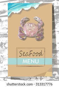 Seafood menu design with crab on the beach, Vector illustration