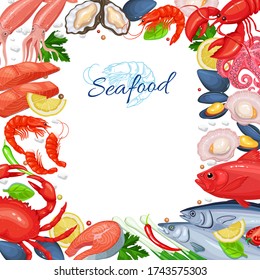 Diseño de la carta de marisco. Plantilla de página de plato de pescado. Ilustración vectorial del mejillón de productos del mar, salmón de pescado, camarón, calamar, pulpo, vieira, langosta, craps, molusco, ostra y atún al estilo de las caricaturas.