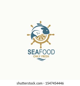 seafood menu design with fish and helm isolated