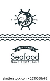 seafood menu design with fish and helm on white background