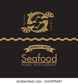 seafood menu design with fish and lemon on black background