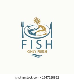 seafood menu design with fish on plate isolated