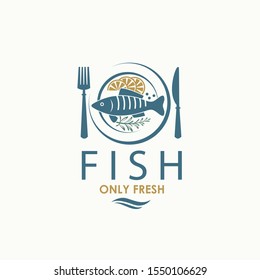 seafood menu design with fish on plate isolated