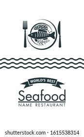 seafood menu design with fish and plate on white background