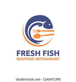 Seafood menu design. Fish, spoon and fork on the plate. Vector illustration.