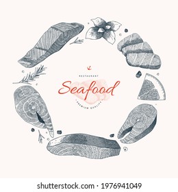 Seafood menu design, frame vector template with logo and hand drawn ink illustration of salmon fish and seafood. Modern design with copy space for label, good for cafe, restaurant