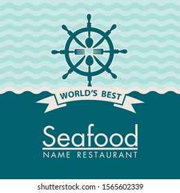 seafood menu design with helm, spoon, knife and fork,