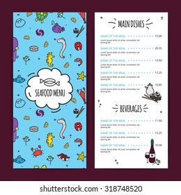 Seafood menu design set with main dishes and beverages flat isolated vector illustration 