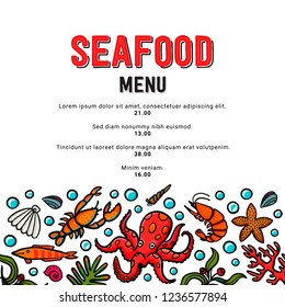 Seafood menu in doodle style. Vector icons mussel, fish, shrimp, octopus, scallop, lobster, mollusk oyster Vector illustration