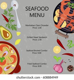 Seafood menu flat design with copy space on gray stone background. Top view vector illustration eps 10