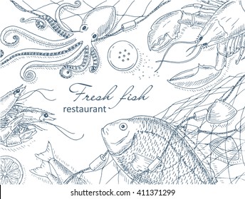 Seafood menu hand drawn vector illustrations. 