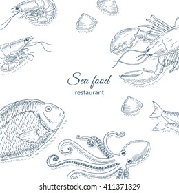 Seafood menu hand drawn vector illustrations. 