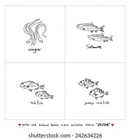 seafood menu illustrations / Set of food ingredients - vector illustrations
