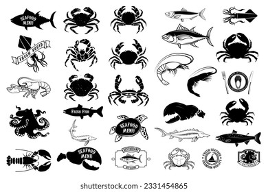 seafood menu labels set. Design elements for logo, label, emblem, sign, brand mark, restaurant menu, poster. Vector illustration.